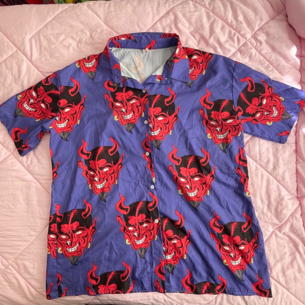 SOLD Purple/Red Devil Face Pattern Collared Button Up Shirt